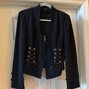 St. John Black Zip Up Jacket with Corset Lace Up Detail